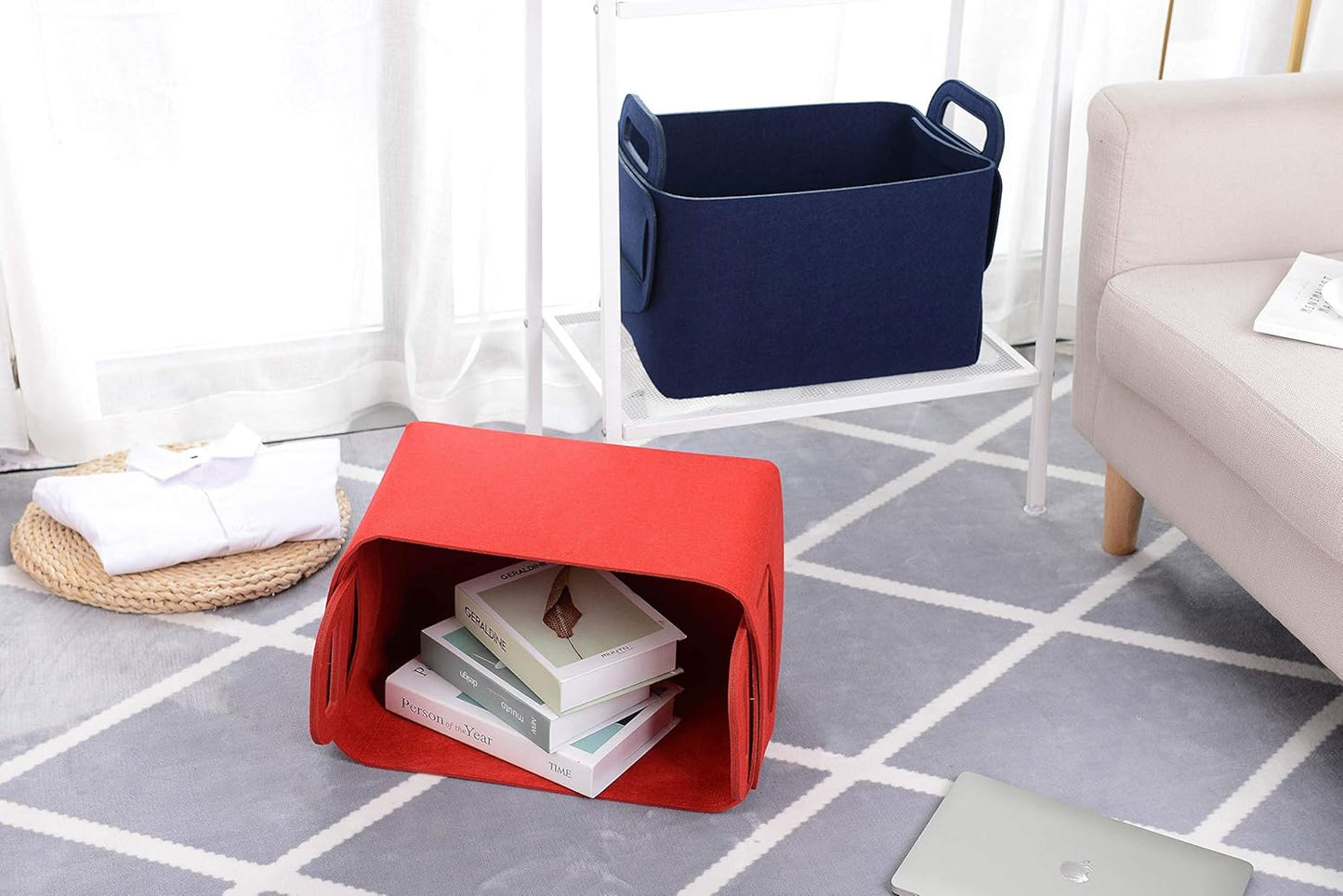 Minoisome Storage Basket Felt Storage Bin Collapsible& Convenient Box Organizer with Carry Handles for Office Bedroom Closet Babies Nursery Toys Laundry (Navy Blue, 15.7inch（L）×11inch（W）×10inch（H）)