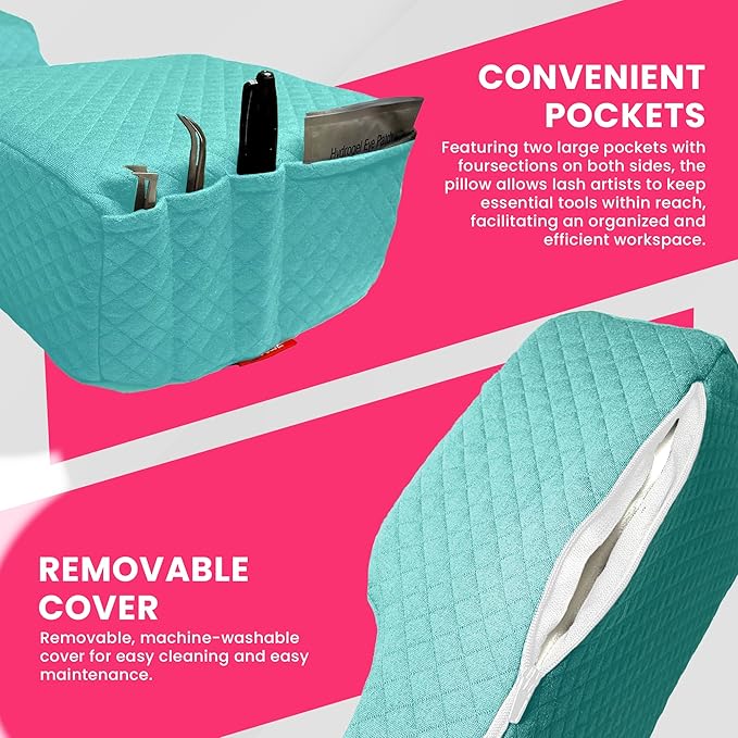 Pillow for Eyelash Extensions - Curved Memory Foam Lash Bed Pillow with Neck and Back Support, Perfect Pillow for Eyelash Extensions, Two Pockets for Tools On The Sides of Pillow (Blue)