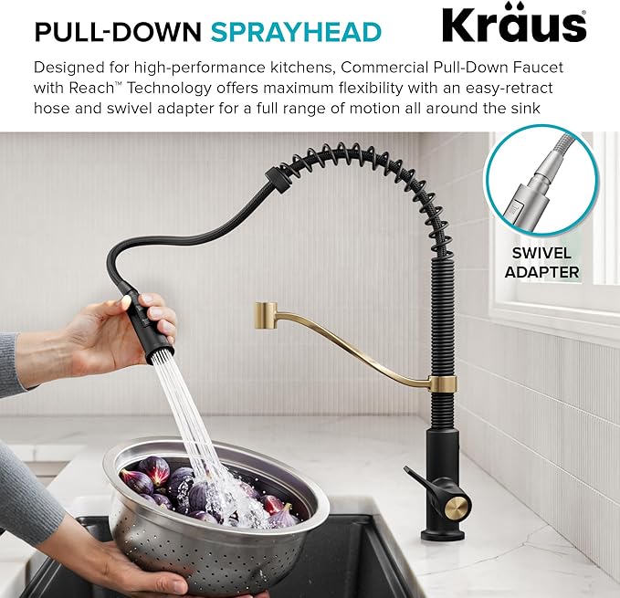 KRAUS Torak Pull Down Kitchen Faucet in Spot-Free Brushed Brass with Commercial Style Spring Spout, 2 Function Sprayer, Pre-Attached Water Lines, and Mounting Hardware, KPF-2635SFBB