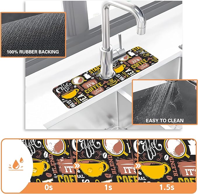 Kitchen Faucet Mat Coffee Poster Kitchen Sink Splash Guard Faucet Mat,1 PC Splash Guard Behind Faucet Drip Catcher for Kitchen,Sink Mat,Dish Drying Mat,Bathroom Faucet Mat 15.5""X5.5""