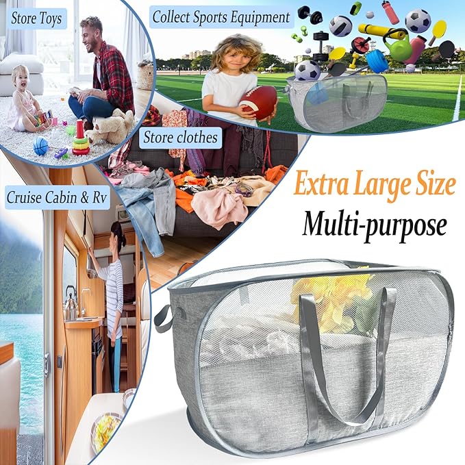 Upgraded 100L Extra Large Mesh Pop Up Laundry Hamper, Dirty Clothes Hamper with Reinforced Handles, Pop-up Hampers for Laundry Travel. Dorm or Home Portable Laundry Basket. Grey