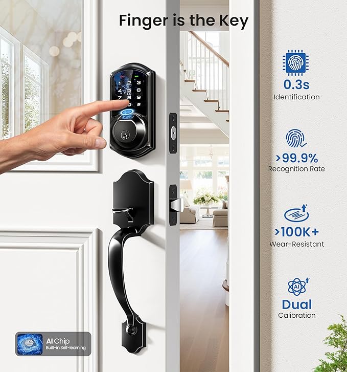 Veise VE07-H Fingerprint Smart Locks for Front Door with Handle Set, App Control, Keyless Entry Keypad Deadbolt, Digital Electronic Touchscreen, Easy Install, Auto Lock, Matte Black