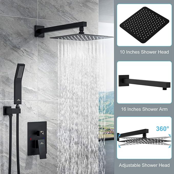 SunCleanse Shower System Rainfall Shower Faucets Set Matte Black, 10 Inch Wall Mounted Rain Shower Head with Handheld Spray Shower Valve and Trim Included