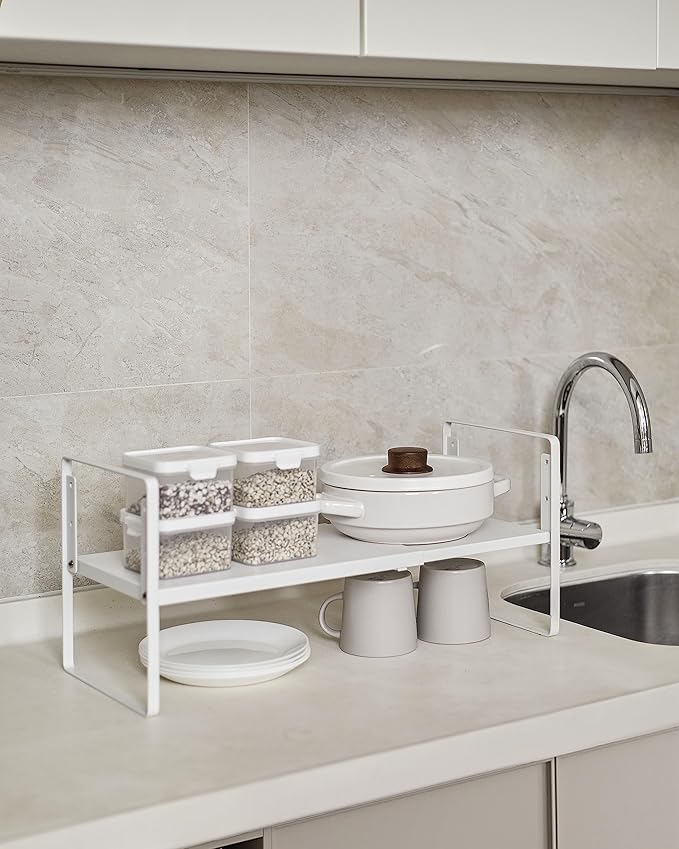 Nxconsu Cabinet Shelf Expandable Height Adjustable Shelf Organizer Riser for Kitchen Cabinet Pantry Cupboard Under Sink Countertop Organization Storage Space Saver Stackable Heavy Duty Metal White XXL