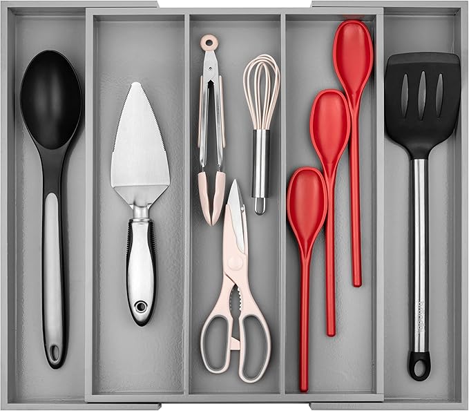 Purawood - Large Premium Bamboo Silverware Organizer - Expandable Kitchen Drawer & Utensil Organizer, 17" x 19.75" Cutlery Tray with Drawer Dividers for Kitchen Flatware (3-5 Slots) (Grey)