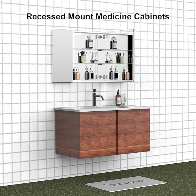 Sunrosa Aluminum Bathroom Medicine Cabinet with Mirror Door, 48" x 27.5", 3-Door Wall-Mounted & Recessed Bathroom Medicine Cabinet Organizer