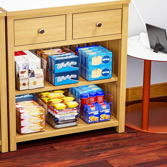 6 Pack Plastic Clear Bins for Organizing- With Handle -11″ Large Pantry Organizer Bins for Shelves Snack,Food or Cleaning Supplies,Fridge Organizers and Storage,Acrylic Kitchen Storage Containers