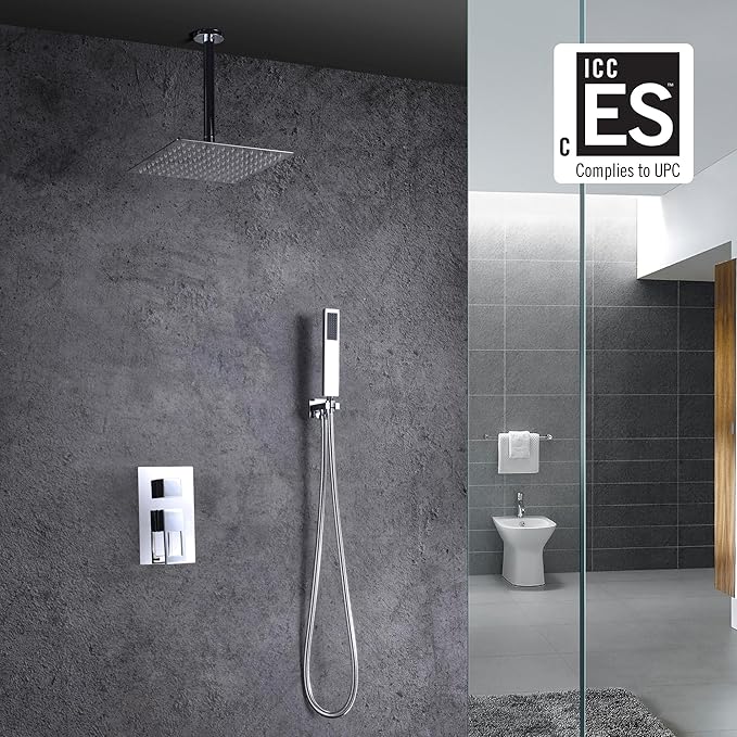 sumerain Shower System Ceiling Mount with Rough-in Valve, Rain Showerhead and Hand Shower, Chrome Finish