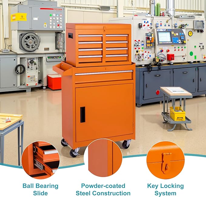 Tool Chest 5 Drawers Garage Storage Cabinet 2 in 1 Steel Frame Tool Chest with Wheels, Protective Liner, Detachable Top and Adjustable Shelf, Tool Box for Garage Workshop, Orange