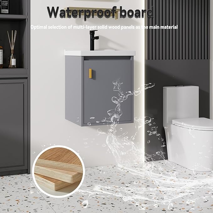 16'' Bathroom Vanity with Ceramic Sink Combo, Wall Mounted Small Bathroom Vanity with Soft-Close Door Modern Floating Cabinet, Pop-up Drain, P-Trap Included, Gray(No Faucet)