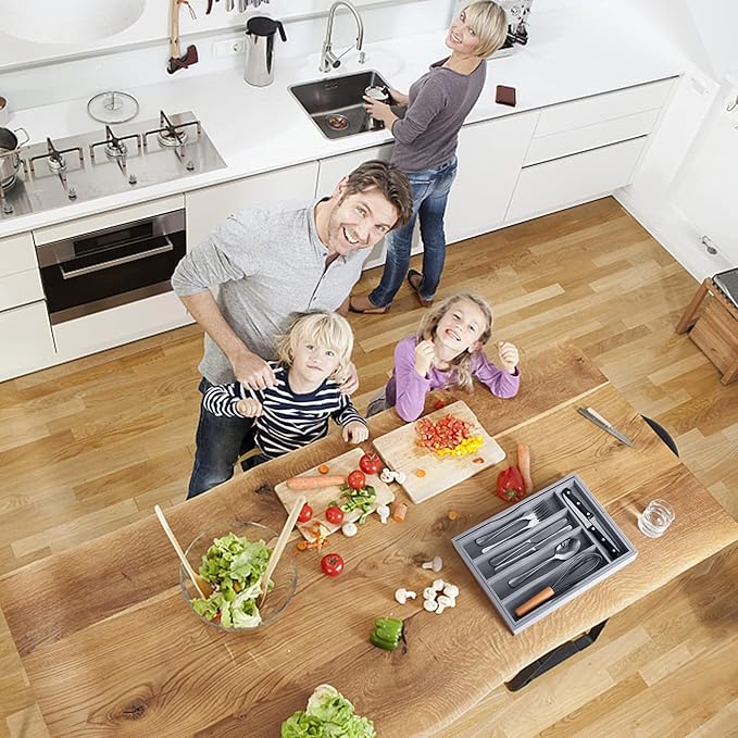 Expandable Bamboo Kitchen Drawer Organizer for Cutlery and Utensils, Adjustable Bamboo Wood Cutlery Tray in Drawer for Flatware and Silverware in Kitchen, (Grey)