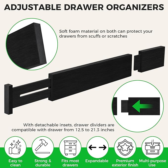 Bamboo Drawer Dividers Organizer with Inserts, Expandable from 12.5-21.7", Adjustable Drawer Organizer Separators for Utensils, Dresser, Bedroom, Bathroom, Closet, Clothing, Office (Black)