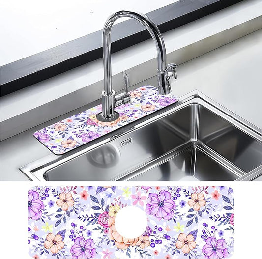 Kitchen Sink Splash Guard Faucet Mat Beautiful Meadow Flowers Sink Splash Guard Behind Faucet,1 PC Soft Diatom Mud Non-Slip Mat-for Kitchen,Dish Drying Mat,Bathroom Faucet Mat 15.5""X5.5""