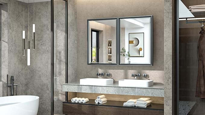 TokeShimi 36x24 Recessed Medicine Cabinet with Mirror Black, Beveled Bathroom Mirror with Storage Aluminum, Surface Mounted Metal Medicine Cabinets for Bathroom Vanity Wall