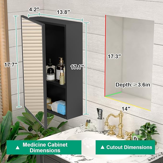 14 x 18 Farmhouse Medicine Cabinet for Bathroom, Small Black Bathroom Mirror with Storage, Tempered Glass, Frameless Recessed or Wall Mount Aluminum Medicine Cabinet - Pre-Assembled