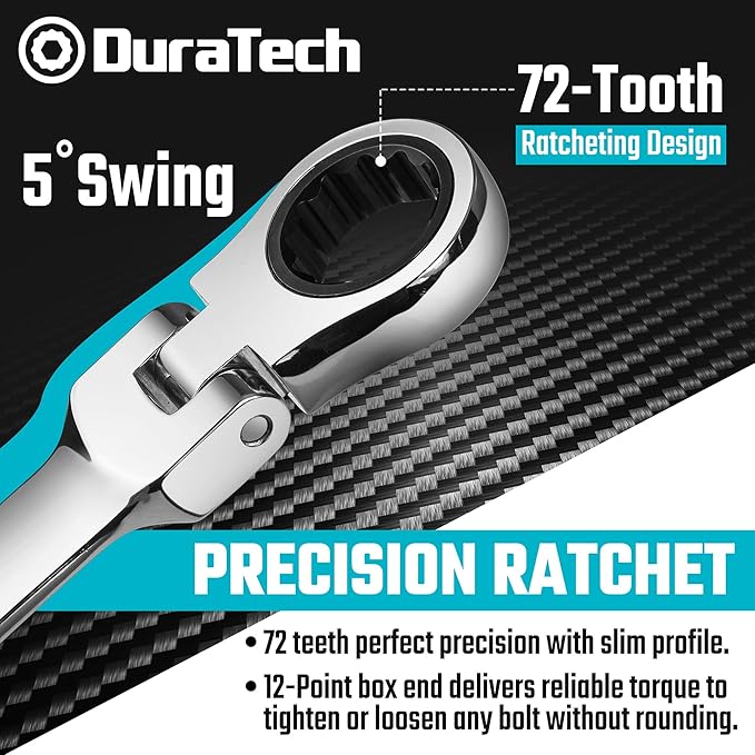 DURATECH Stubby Flex-head Ratcheting Combination Wrench Set, Metric, 12-piece, 8-19mm, CR-V Steel, with Pouch