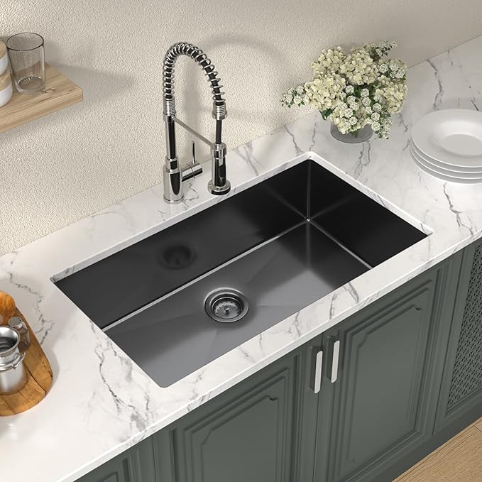 Lordear 32 Black Kitchen Sink Undermount 32" x 19" x 10" Gunmetal Black 16 Gauge Stainless Steel Single Under Counter Rectangular Handmade Sinks Basin