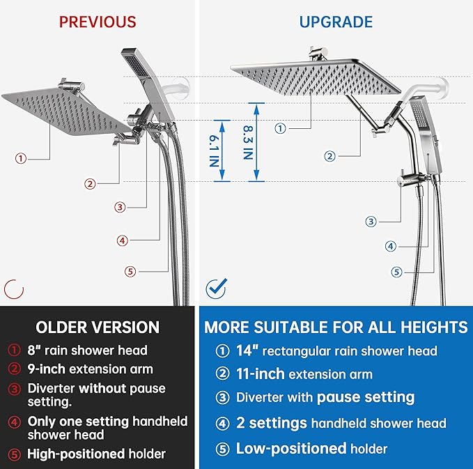 G-Promise All Metal 14 Inches Rain Shower Head with Handheld Built-in Power Wash Mode, 3-way Diverter with Pause Setting, 11 Inches Adjustable Extension Arm, Long Hose (Brushed Nickel, 14 Inches)