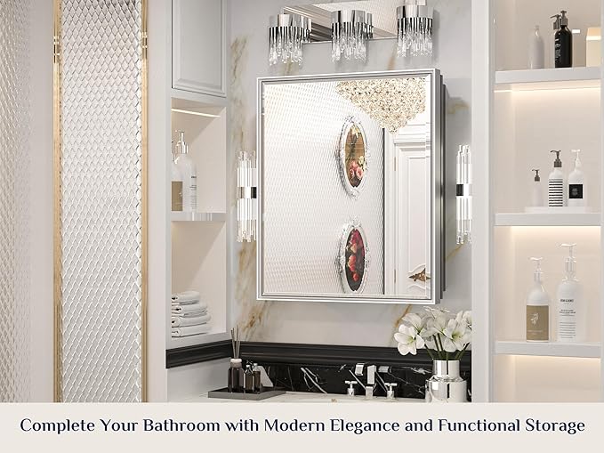Keonjinn 21" x 27" Medicine Cabinet for Bathroom, Silver Recessed or Surface Wall-Mounted Aluminum Alloy Framed Beveled Mirror with Storage, Mirrored Cabinets with 2 Adjustable Shelves for Bath Modern