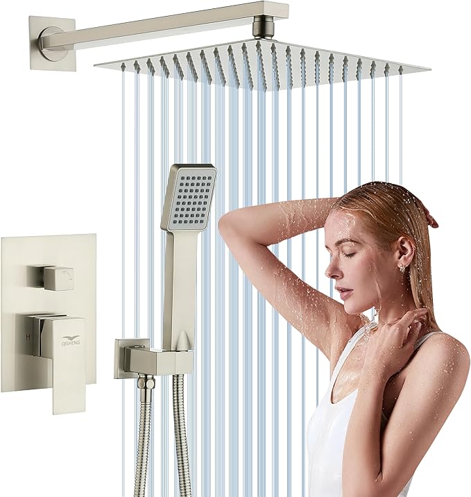 QISHENG Shower Faucet Set, 10" Rain Shower Head with Handheld Spray Combo, Wall Mounted, Brushed Nickel, Rough-in Valve and Trim Kit Included