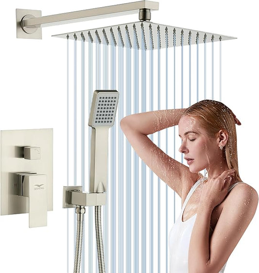 QISHENG Shower Faucet Set, 10" Rain Shower Head with Handheld Spray Combo, Wall Mounted, Brushed Nickel, Rough-in Valve and Trim Kit Included