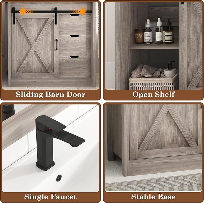 36 Inch Bathroom Vanity with Sink & Faucet & Mirror, Farmhouse Bathroom Vanity Cabinet Set with Sliding Barn Door & Drawers, Small Single Bath Storage Vanity Sink, Grey