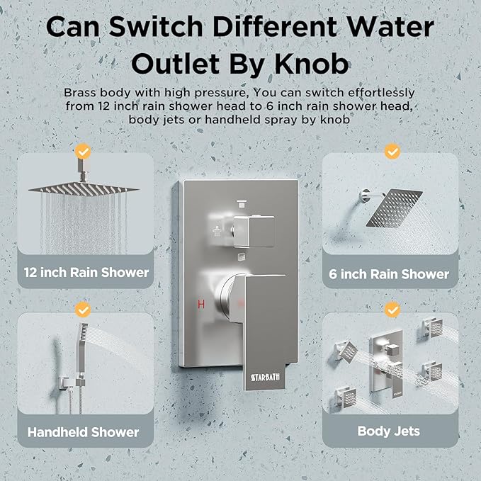 Shower Systems with 4 Body Spray Jets, STARBATH 4 Way 12+6" Rainfall Shower Head with Handheld Combo, Ceiling Mounted Shower Jets System in Wall Shower Faucet Sets Complete, Brushed Nickel