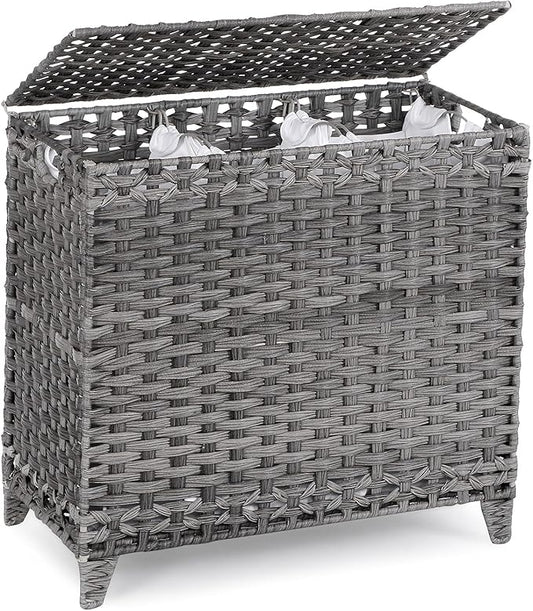 Laundry Hamper with 3 Removable Liner Bags; 132L Handwoven Rattan Laundry Basket with Lid & Heightened Feet; Clothes Hamper with Side Handles; Laundry Sorter with 3 Separate Sections (Gray)
