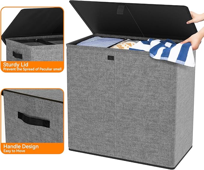 WOWLIVE Laundry Hamper with Lid,180L Large Laundry Basket 3 Section with Removable Washing Bags,Collapsible Waterproof Dirty Clothes Hamper for Laundry Room Bathroom Dorm,Gray