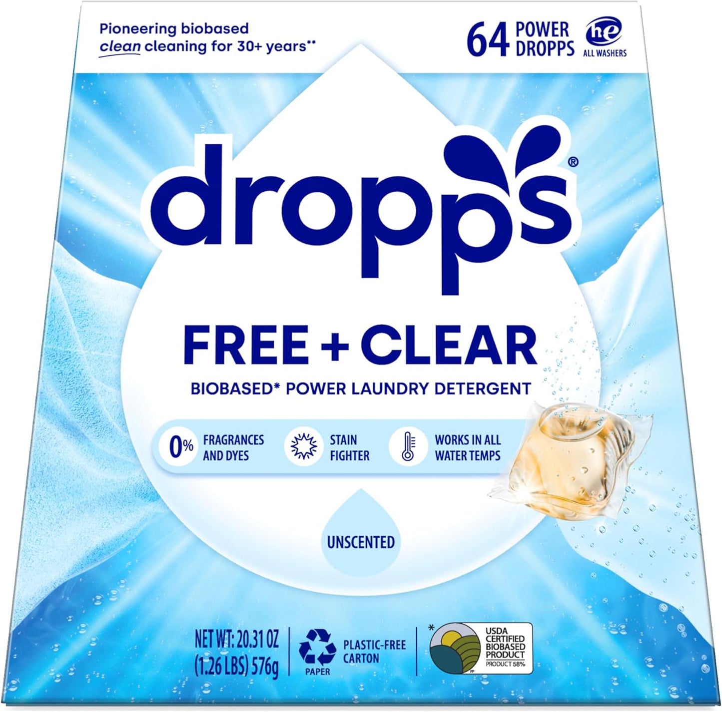 Dropps Free + Clear Biobased Power Laundry Detergent Pods, Unscented (64 Count) - HE Compatible Laundry Pods for Fresh Clothes - Laundry Soap Supplies & Recyclable Paperboard Packaging