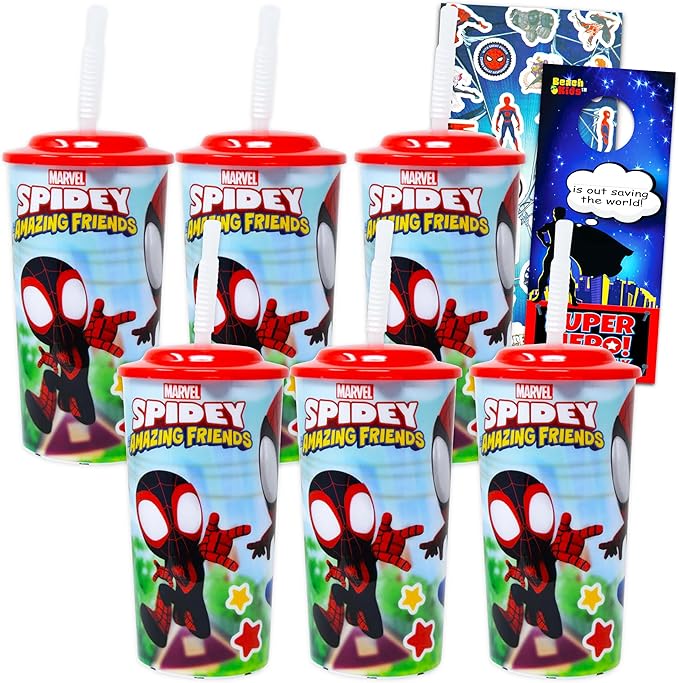 Marvel Spiderman 16oz Water Bottle Set ~ 6pc Bundle Spidey and his Amazing Friends Refillable Cups with Straws for School Supplies, Sports, and More