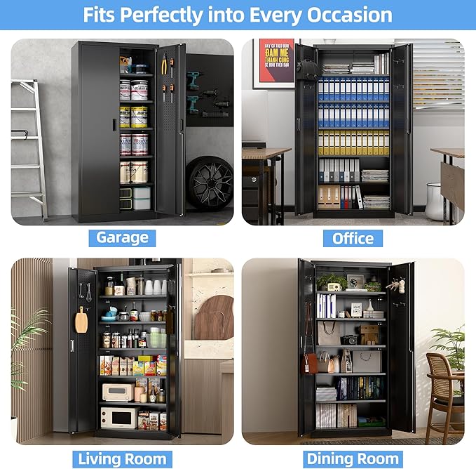 71" H Metal Garage Cabinet with Pegboards and Hooks,Tool Storage Cabinet with 2 Doors and 5 Adjustable Shelves for Office, Home, Garage, Gym, School, Assembly Required,Black