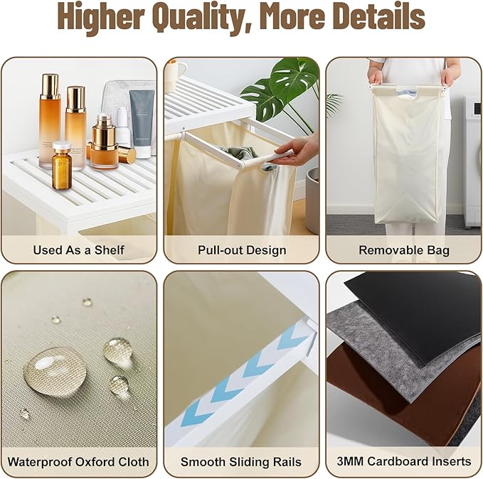 Bamboo Laundry Hamper 3 Section with Lid, 150 L Laundry Sorter with Pull-Out Removable Washable Bags, 3 × 12.5 Gal Divided Laundry Baskets for Laundry Room, Bathroom (White)