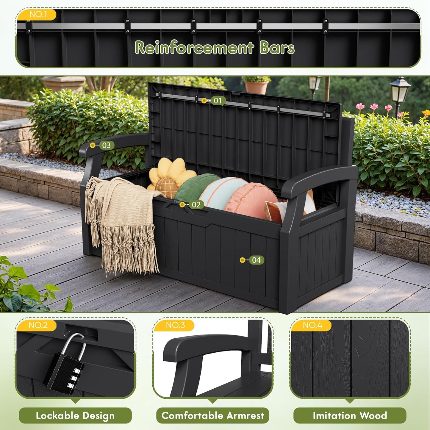 Greesum 80 Gallon Storage Bench Outdoor Deck Box with Armrest, Patio Furniture,Lockable, Waterproof and UV Resistant, Suitable for Garden, Pool, Black