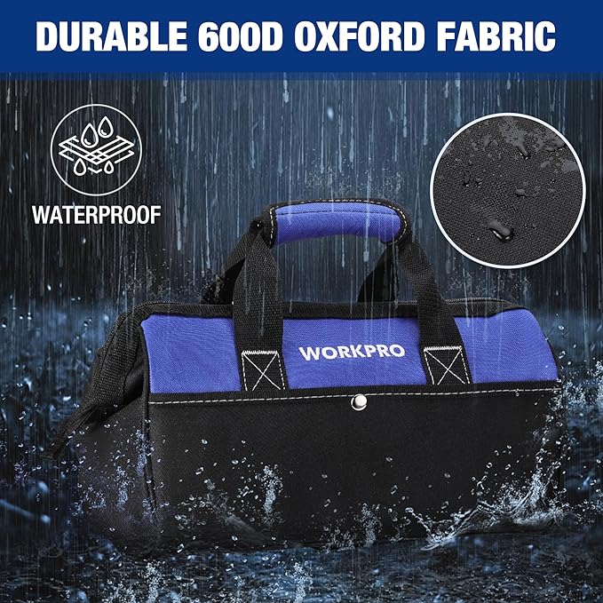 WORKPRO 13-inch Tool Bag, Wide Mouth Tool Tote Bag with Inside Pockets for Tool Storage