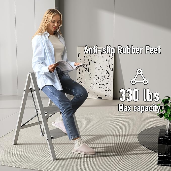 3 Step Ladder,Aluminum Folding Step Stool for Adults,Step Ladder with Wide Anti-Slip Pedal,330 lbs Capacity for Home,Office,Kitchen,Library(Grey)