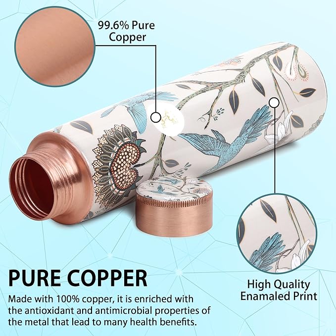 Copper Water Bottle A Handmade Ayurvedic Enameled Print Pure Copper Water Bottle For Drinking - Increase Your Water Consumption, and Experience Immediate Health Benefits (ENAMELED PRINT 1)