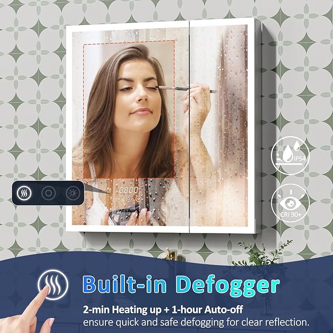 30"×32" Lighted Medicine Cabinet Mirror, Recessed Bathroom Mirror Cabinet with Lights, Defogger, Dimmer, Clock, Built-in Outlet & USB Ports, Wall-Mounted LED Bathroom Mirror, Double Door