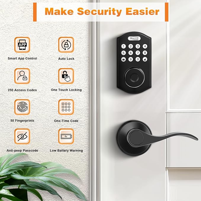 Probrico Keypad Door Lock with Handle Keyless Entry Door Lock, Smart Locks for Front Door Fingerprint Deadbolt with Handle, Black Smart Deadbolt Entry Door Handle Set