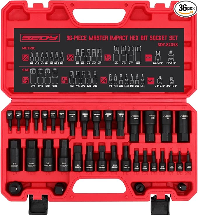 Hex Bit Impact Socket Set: 36-Piece with 4 Adapters, 1/4" 3/8" 1/2" Drive Master Allen Impact Socket Set, SAE and Metric, H5-H19 & 3/4"-5/64", Heavy Duty Storage Case, Automotive Mechanic