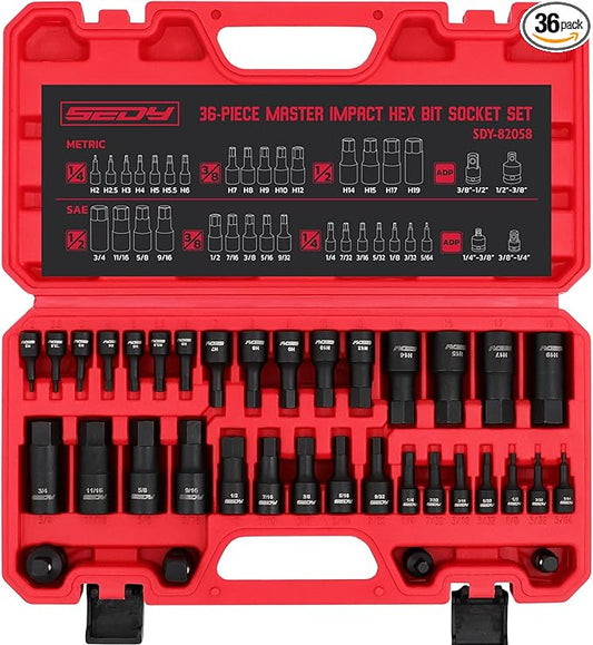 Hex Bit Impact Socket Set: 36-Piece with 4 Adapters, 1/4" 3/8" 1/2" Drive Master Allen Impact Socket Set, SAE and Metric, H5-H19 & 3/4"-5/64", Heavy Duty Storage Case, Automotive Mechanic