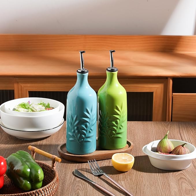 Sweejar Ceramic Olive Oil Dispenser Bottle, 20 Oz Relief Opaque Oil Cruet Protects To Reduce Oxidation, Suitable for Storage, Vinegar, Soy Sauce,Liquids,Set of 2 (Gradient Blue Gradient Green)
