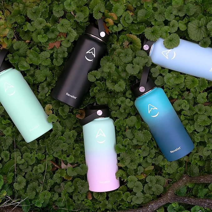 Revelist Sports Water Bottle - 32 Oz, 3 Lids (Straw Lid, Spout & Screw Top) with Boot, Vacuum Insulated Stainless Steel, Double Walled, Reusable Water Flask, Metal Canteen - Blue & White