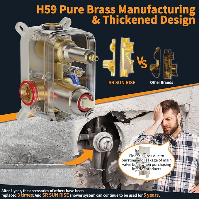 SR SUN RISE Shower Faucet Set Bathroom Square Rain Shower Head with Handheld Spray Wall Mounted Rainfall Shower Fixtures Brushed Nickel Shower Faucet Trim Repair Kits (Contain Shower Valve)10 Inches