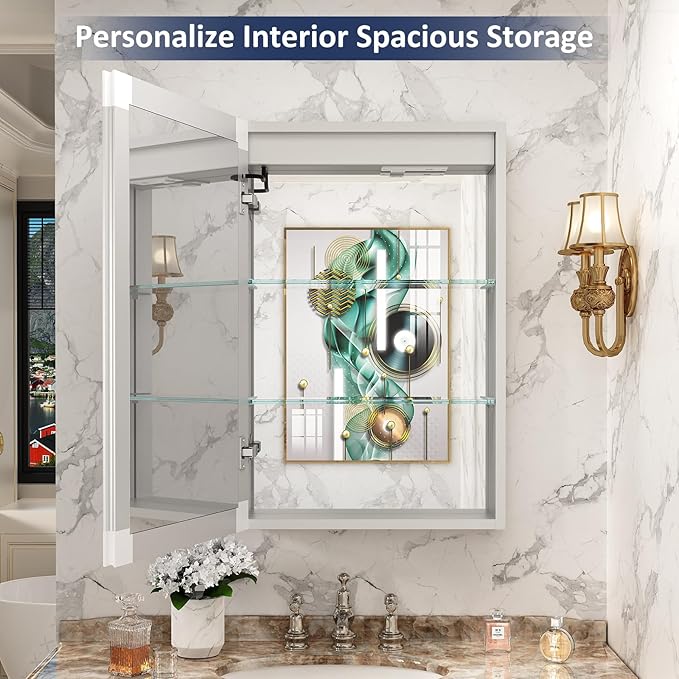 Medicine Cabinet With Lights, 2030 Inch Surface or Recessed Bathroom Mirror, Clock & Room Temp Display, Defogger, LED Dimmable 3 Color Lights, Left Hinge