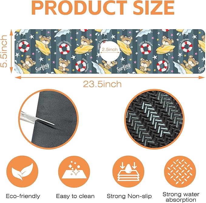 Kitchen Sink Splash Guard Faucet Mat Cartoon Bear Surfing Sink Splash Guard Behind Faucet,1 PC Soft Diatom Mud Non-Slip Mat-for Kitchen,Sink Mat,Dish Drying Mat,Bathroom Faucet Mat 23.5"X5.5"