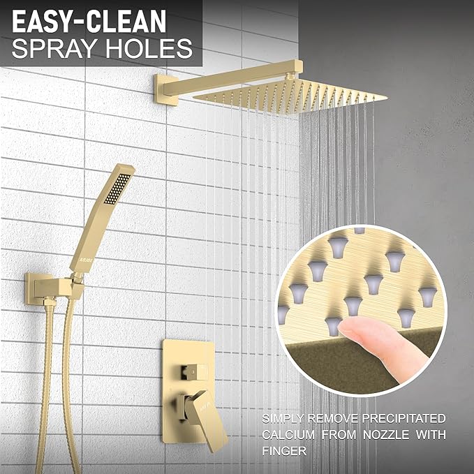 KOJOX Shower System Bathroom Luxury 10 Inch Rain Shower Head with Handheld Mixer Shower Combo Set Wall Mounted Shower Faucet Trim with Valve Brush Gold