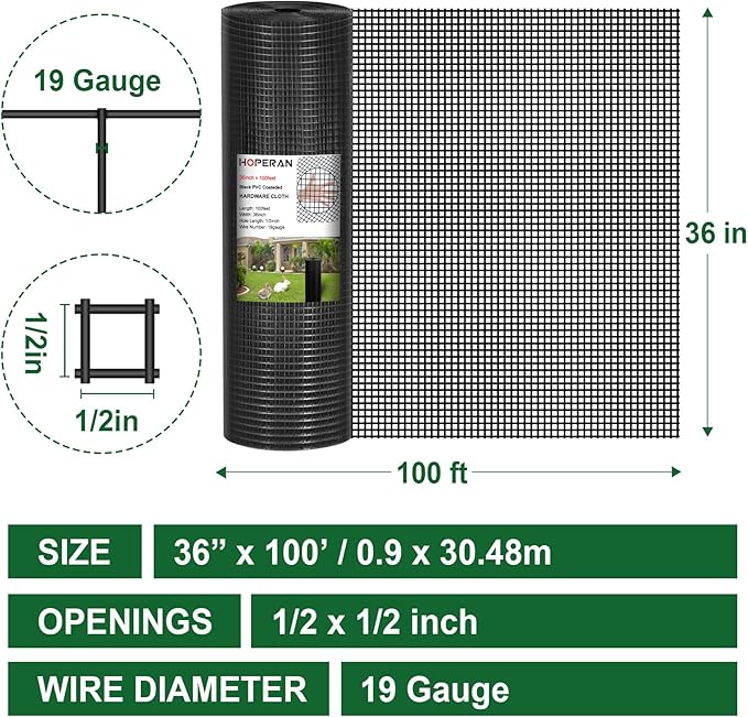 HOPERAN Black Hardware Cloth 1/2 inch 36 x 100 Ft Mesh 19 Gauge PVC Coated Chicken Wire - Vinyl + Galvanized Double Coated Fence - Welded Wire Mesh Roll for Chicken Coop Fencing Garden Fencing