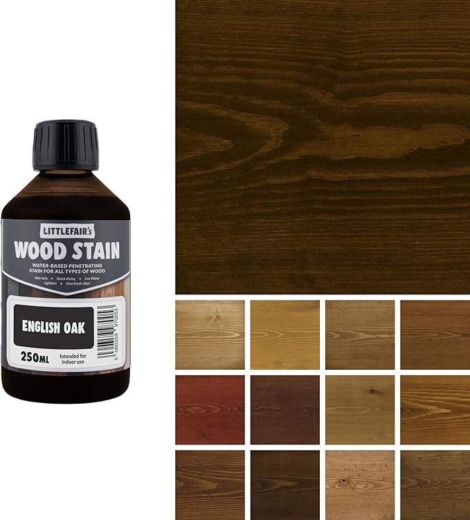 Littlefair's Wood Stain Water Based - 8.5oz/250ml - Indoor Furniture Stain Light & Dark Finishes - Special Non Toxic & Eco Friendly Formula - Wood Stain for Crafts - Color: English Oak