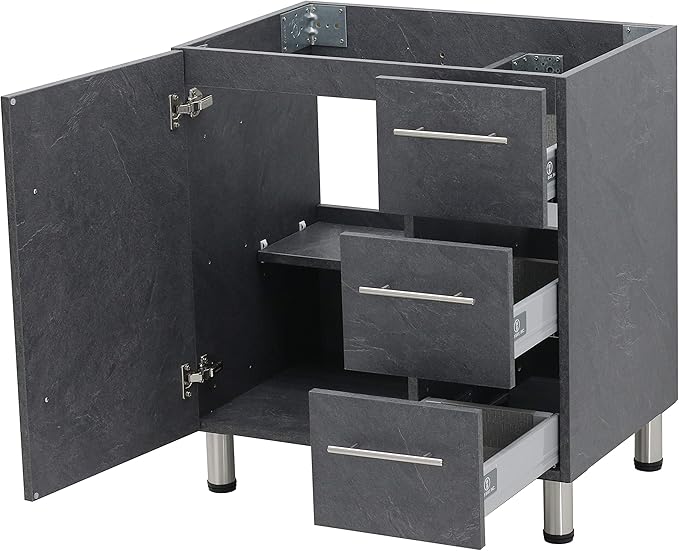 30" Freestanding Bathroom Vanity, Dark Slate Grey. White Integrated Countertop